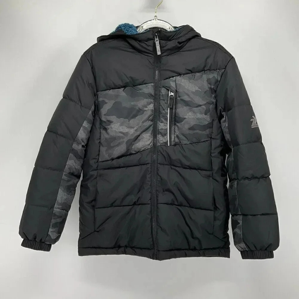 ZeroXposur Boy's Heavyweight Puffer Coat Black Camo‎ Hooded Jacket Youth Medium